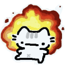 A simple white cat with a blank face sitting calmly in front of large, bright yellow and orange flames.