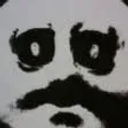 Face with wide, dark, hollow eyes and a grim expression, rendered in high-contrast black and white.