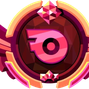 A circular badge with a pink letter O, framed in gold and pink, featuring a faceted gem-like design.