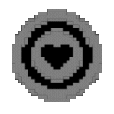 A gray pixelated coin spinning to show a black heart symbol on its face.