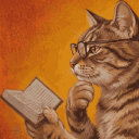 A tabby cat wearing glasses holds an open book and rests its chin on its paw in a thoughtful pose.