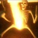 A skeleton glowing with bright yellow fire while smiling.