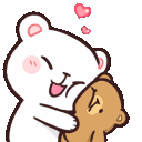 A white bear repeatedly kissing a smaller brown bear with pink hearts floating above.