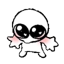 A small white creature with large black eyes and bright pink blushing cheeks looking shy.