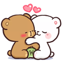 Two cute cartoon bears, one brown and one white, kissing with pink hearts floating above their heads.