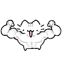A cute white cat with a silly expression flexing its large, muscular arms.