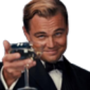 Leonardo DiCaprio in a tuxedo smiling and raising a glass in a toast.