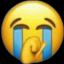 Yellow face emoji with a hand covering its mouth and large blue tears streaming down its cheeks.