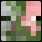 A pixelated creature with a green face on one side and a pink face on the other.
