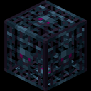 A dark purple and blue pixelated cage block with a glowing center.