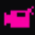 Camcorder icon rendered in vibrant pink pixel art style against a black background.