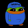 A green frog-like creature with large black eyes wearing a blue cap and blue shirt.