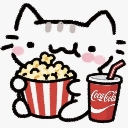 A cute white cat holding a bucket of popcorn and a red drink cup.