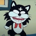 A black and white cartoon cat with a wide, toothy, mischievous grin and a red bowtie.