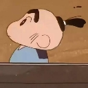 Shin-chan looking upward with a suspicious side-eye expression.