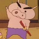 A pink pig-like character with thick eyebrows holding a wooden sword in a fighting pose.