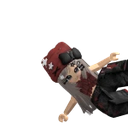 A stylized 3D avatar character with a red hat and black clothing in a dynamic, angled pose.