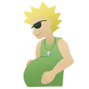 A blonde character wearing sunglasses and a green tank top rubs their stomach with a relaxed expression.