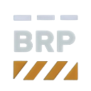 Letters BRP in a bold font positioned above a yellow and black diagonal hazard stripe pattern.
