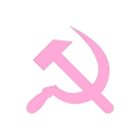 A pink pixelated hammer and sickle symbol centered on a black square background.