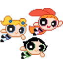 Blossom, Bubbles, and Buttercup are shown in a pixelated style with happy expressions.