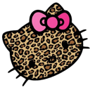 Cat face with a leopard print pattern and a bright pink bow on its head.