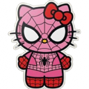 Hello Kitty wearing a pink and red Spider-Man suit with a spider web pattern.