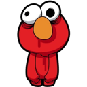 A red fuzzy puppet with one large eye looking left and one smaller eye looking right, conveying a confused expression.