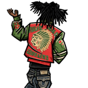 A person seen from behind wearing a red and green varsity jacket with a graphic on the back while waving.