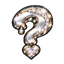 Question mark symbol covered in sparkling diamonds with a small heart-shaped gem at the bottom.