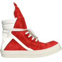 A red and white high-top sneaker shown from the side.