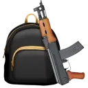 A black backpack standing next to a brown and gray rifle.