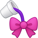 A white cup pours a stream of purple liquid onto a large pink bow.