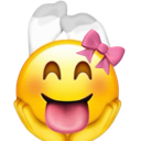 Smiley face with a playful tongue-out expression and a pink bow on its head.