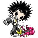 A spiky-haired anime character aggressively smashing a pink guitar on the ground.