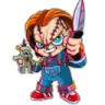 A chibi-style doll with stitched skin and orange hair brandishing a large knife while holding a small voodoo doll.