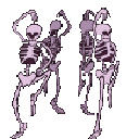 Multiple purple skeletons dancing in a rhythmic, animated sequence.