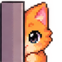 A cute orange kitten with large eyes peeking from behind a gray wall against a bright red background.