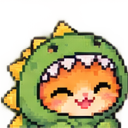 An orange kitten wearing a green dinosaur onesie with a wide, happy, toothy grin.