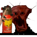 A distorted, reddish creature with a gaping, wide-open mouth holding a can of bug spray.