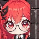 Anime girl with red hair and glasses peeking from behind a stone wall with wide eyes.