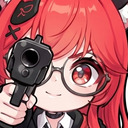 Anime girl with red hair and glasses pointing a black handgun directly forward with a calm expression.