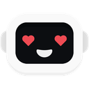 A white-bordered robot face with a black screen, a simple white smile, and two red heart-shaped eyes.