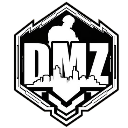 A white silhouette of a soldier standing above a city skyline inside a black hexagonal border.