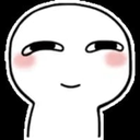 A simple white line-art character with a smug expression and pink blushing cheeks on a black background.