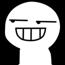 A white stick figure head on a black background with a wide, toothy grin and narrowed, skeptical eyes.