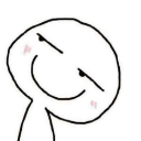 Stick figure face with a smug smirk and narrowed eyes looking to the side with small pink blushes.