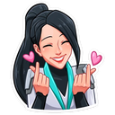 Woman with long black hair smiling and making a finger heart gesture with both hands, accompanied by two small pink hearts.
