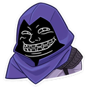 A hooded figure with a dark face and a wide, mischievous troll-like grin.