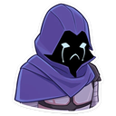 A hooded figure with a black mask and glowing blue tears streaming down its face.